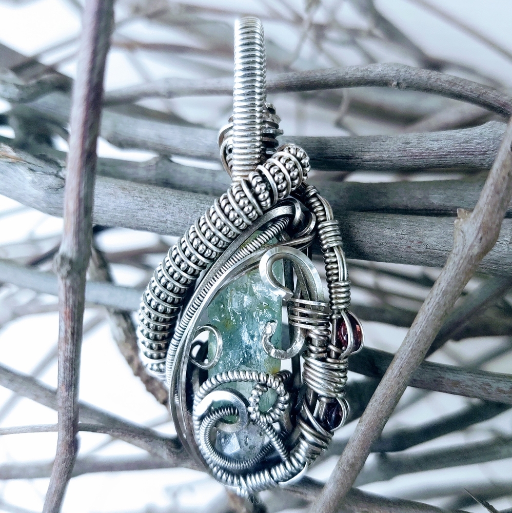 Aquamarine, Herkimer Diamond, Garnet Pendant